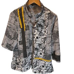 Ali Miles Black White Geometric Abstract Button Up Shirt w Yellow Accents Sz L